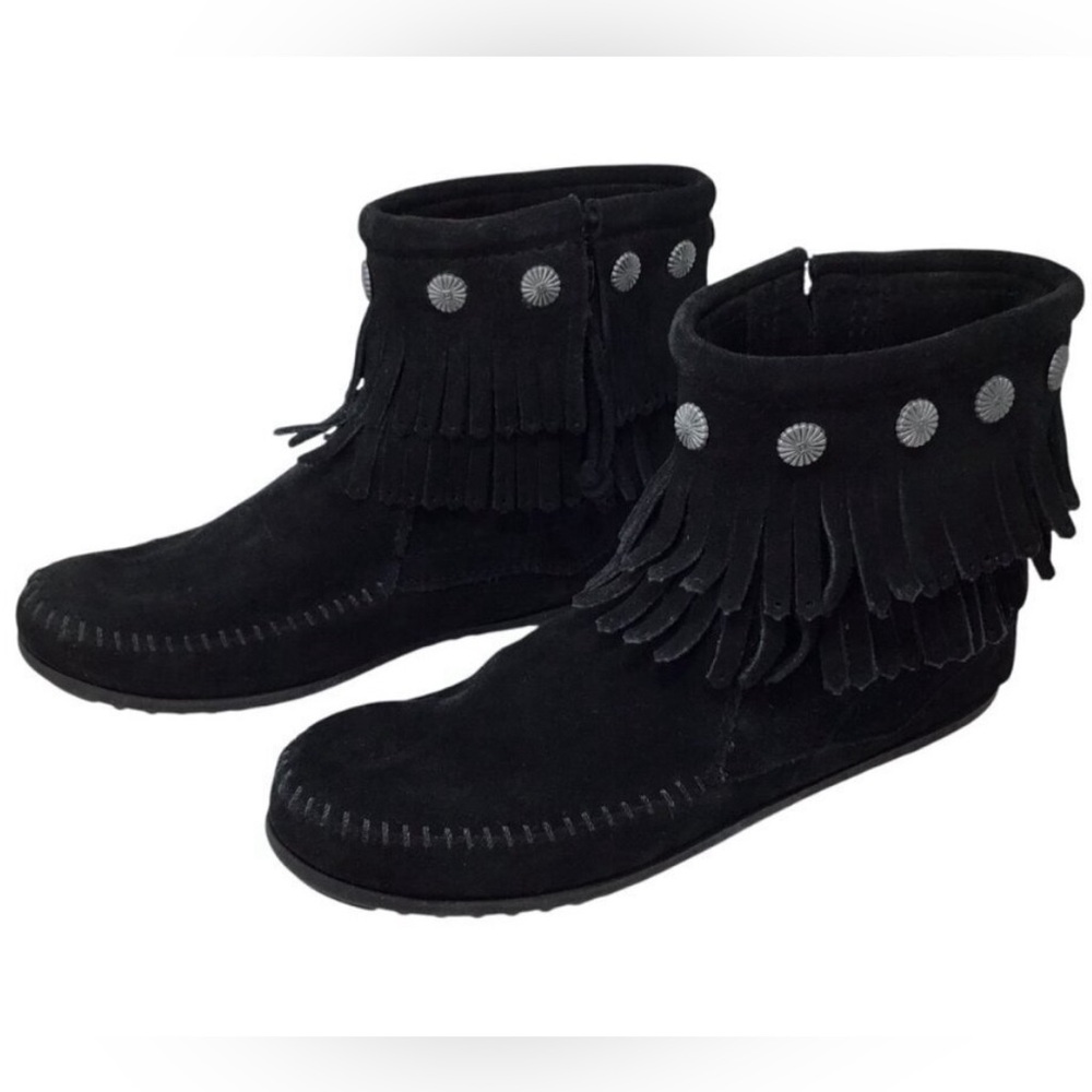 Minnetonka Boots Moccasins Double Fringe Black Suede Leather size 8